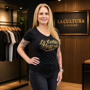 Women's Black V-Neck La Cultura Magazine Gold Script T-Shirt