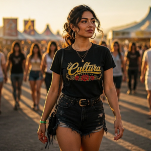 Women's Black La Cultura Magazine Script With Roses T-Shirt
