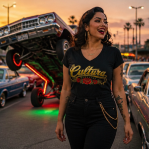 Women's Black V-Neck La Cultura Magazine Script With Roses